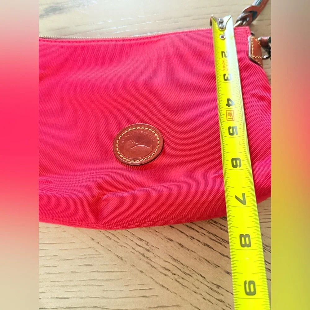Dooney & Bourke Red Nylon Crossbody Pouchette Shoulder Bag Brown Leather Strap